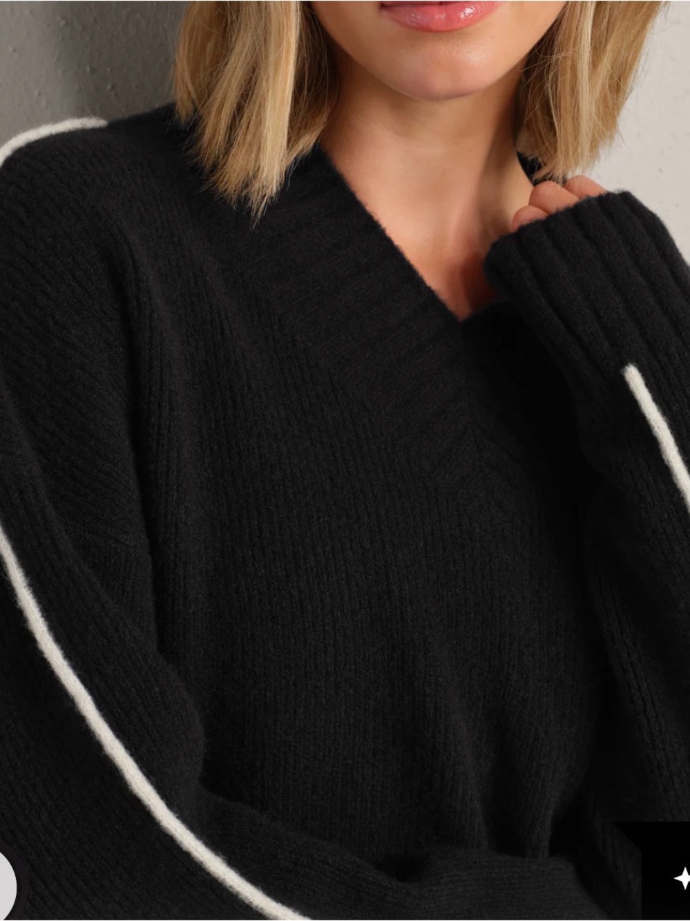 RHONE Black V-Neck Sweater with White Sleeve Stripe Detail